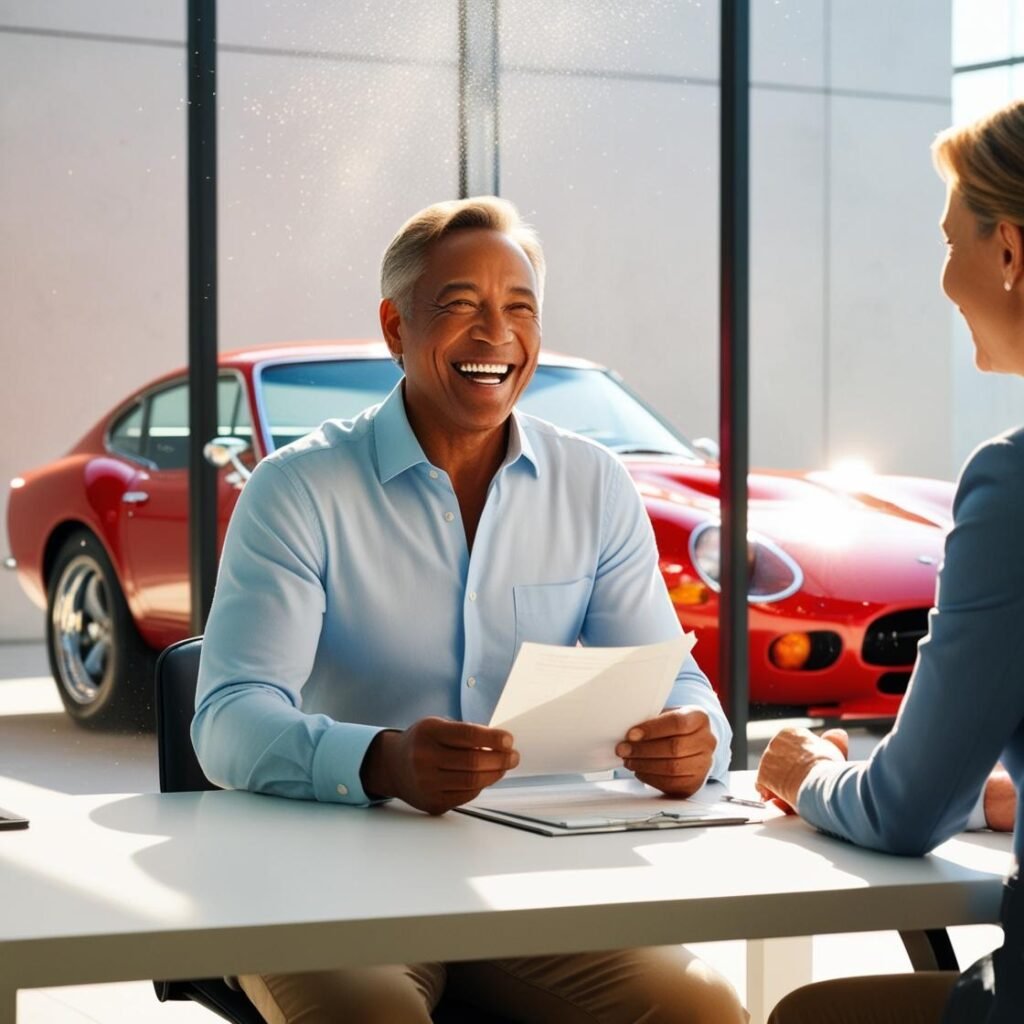 Faça uma imagem contendo um homem, fechando um seguro para seu carro popular, e ficando muito feliz